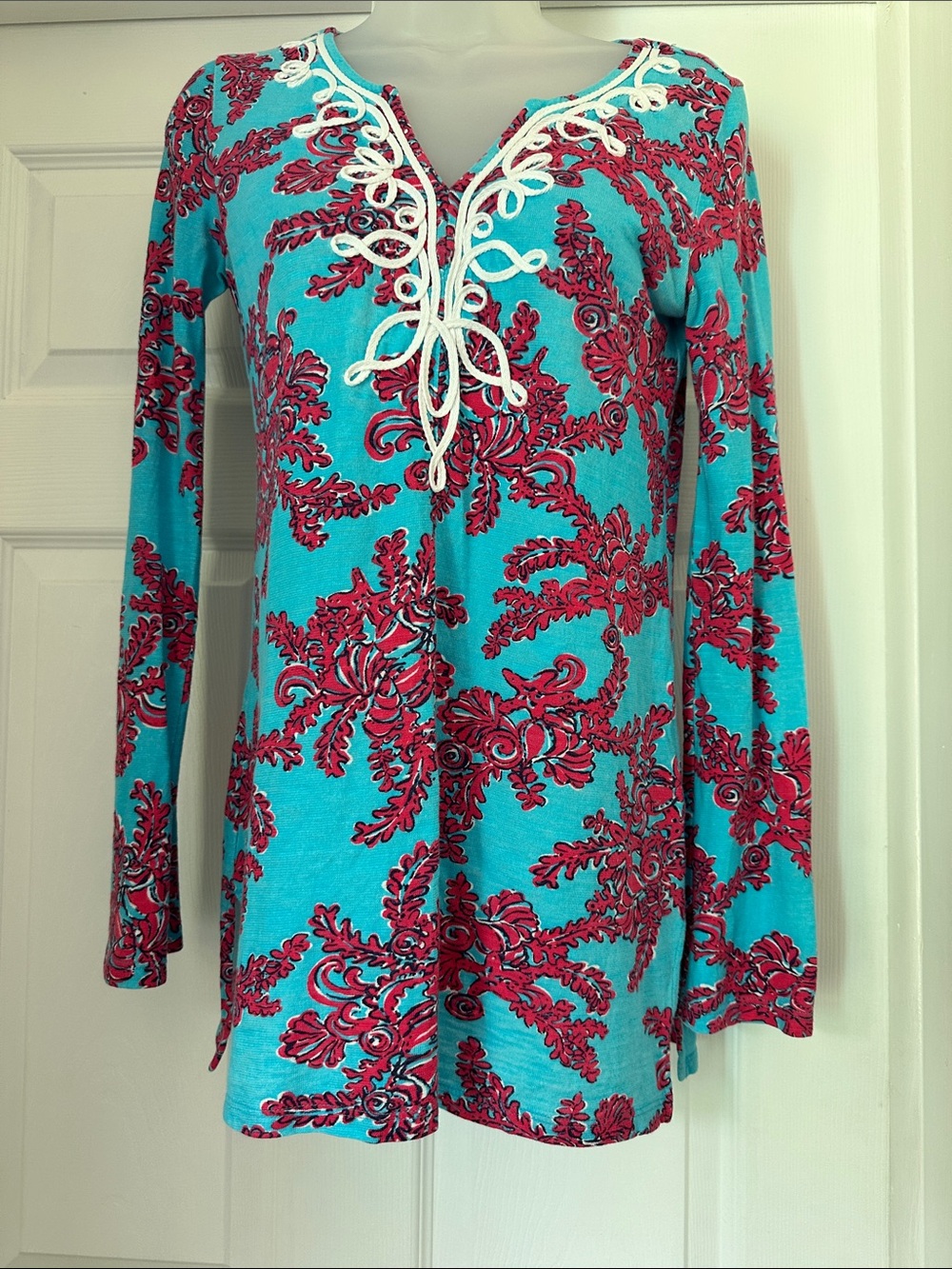 Lilly Pulitzer Long-Sleeve Turquoise Dress with Pink Floral Print XS Tunic